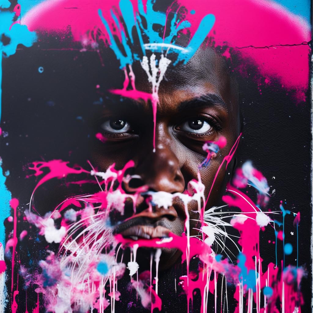 Hyper-Realistic Street Art: Man's Face with Vibrant Splatter...
