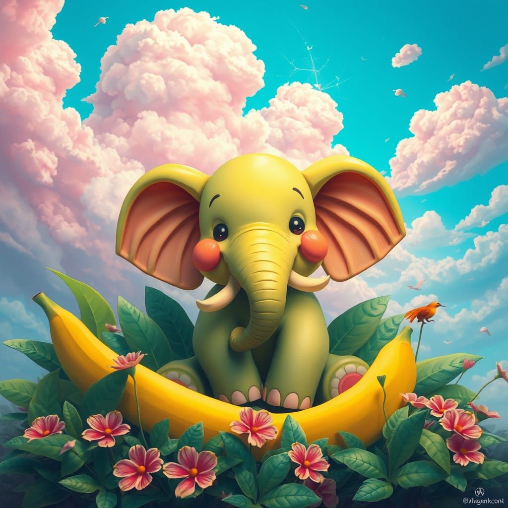 Whimsical Banana Elephant in a Fantastical Landscape