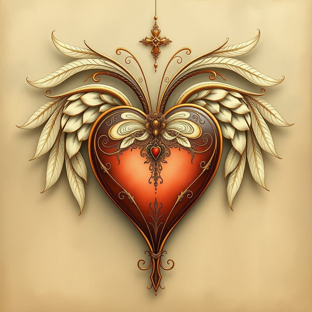Art Nouveau Heart with Delicate Wings