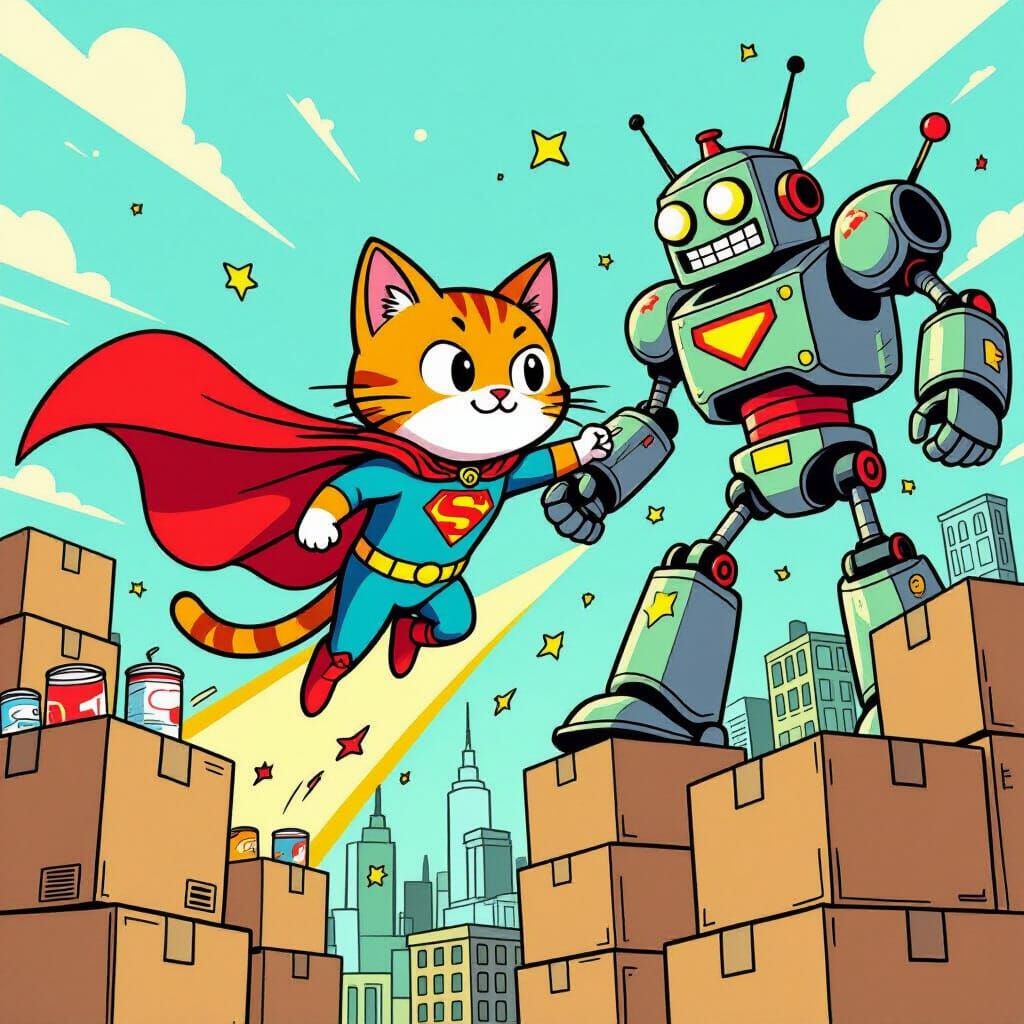 Cartoon Superhero Cat Battles Robot in Cardboard City