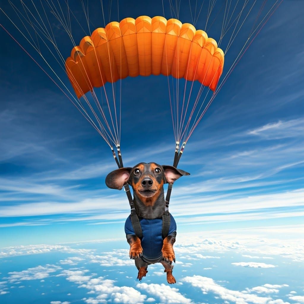 Dachshund Parachuting in Blue Sky, Surreal Art