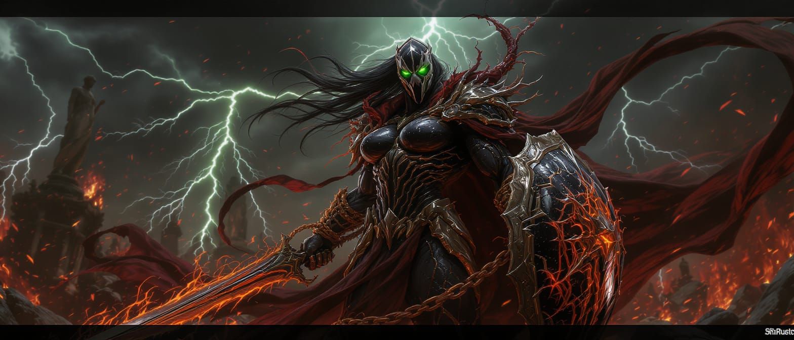 Amazon Warrior Reborn as Hellspawn in Cinematic Style