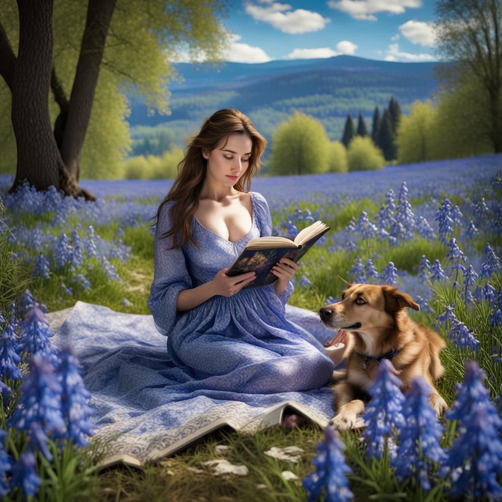 Woman Reading in Bluebell Meadow, Claude Monet Style