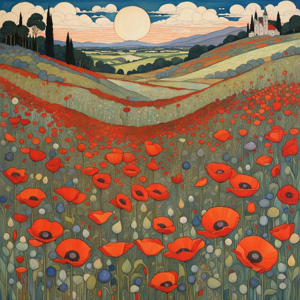 Dreamlike Field of Poppies in Vibrant Watercolor