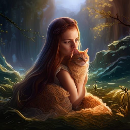 Girl Petting Cat: Detailed Matte Painting