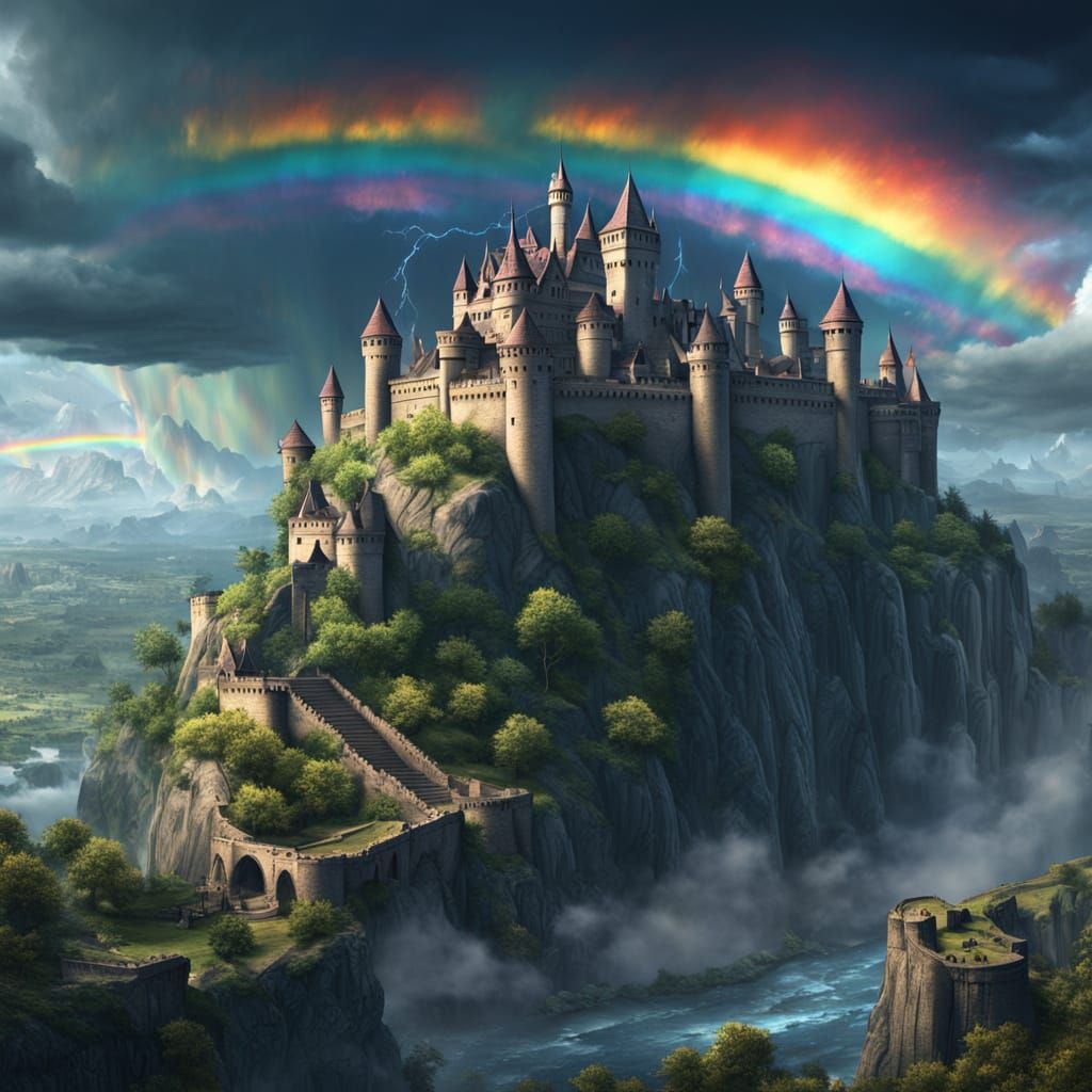 Haunted Rainbow Storm Over Castle Digital Art