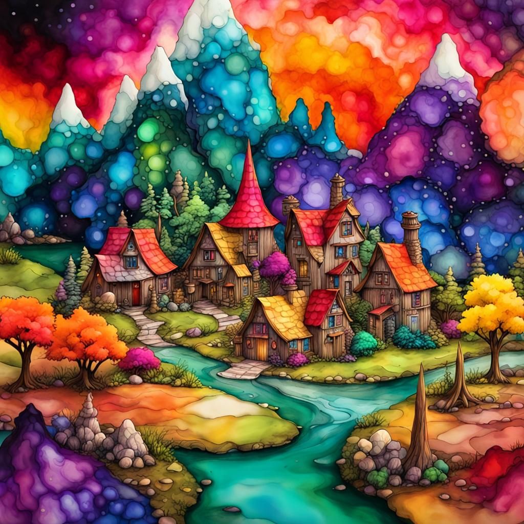 Magical Village in Alcohol Ink Style