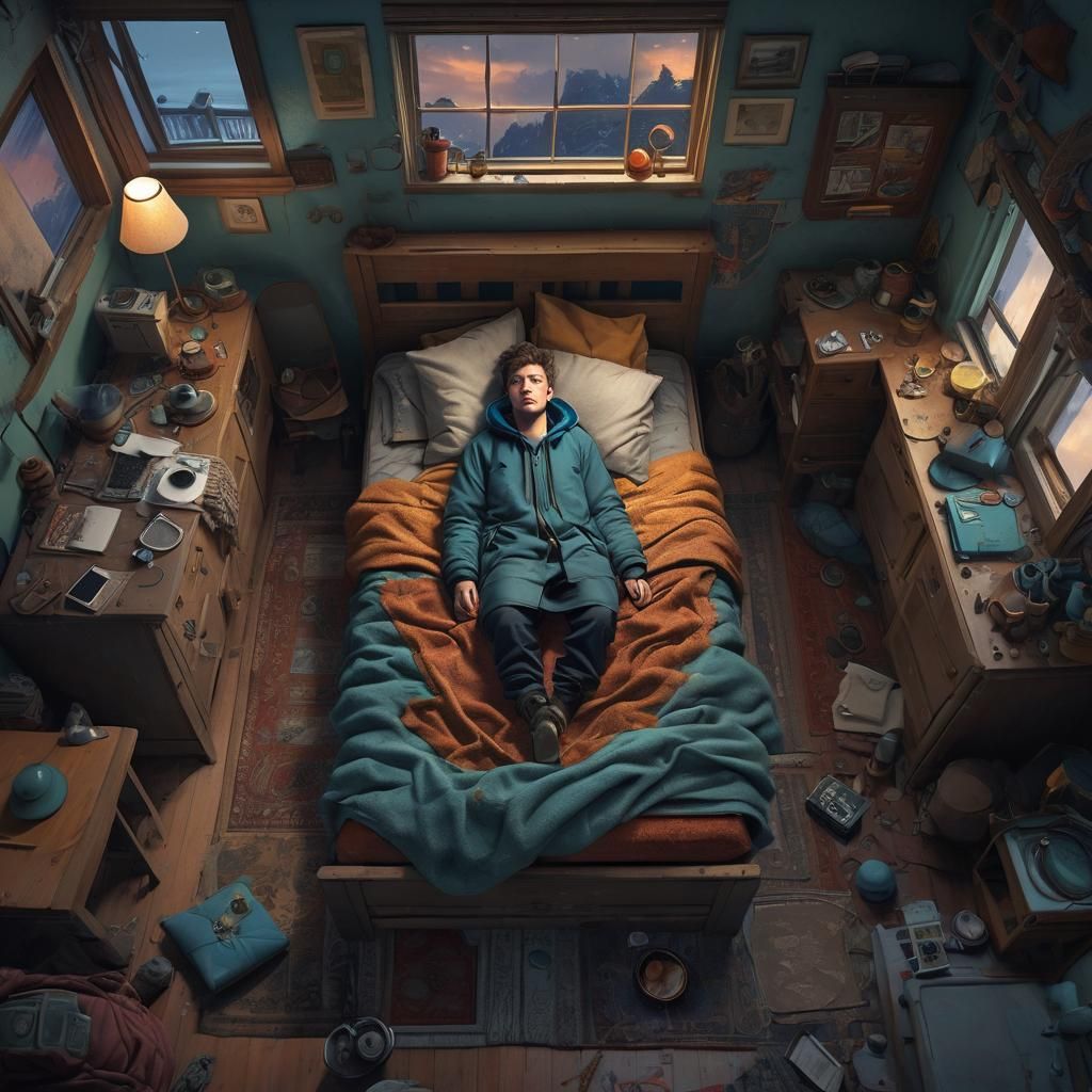 Fantasy Bird's-Eye View: Man Asleep in Dark Room