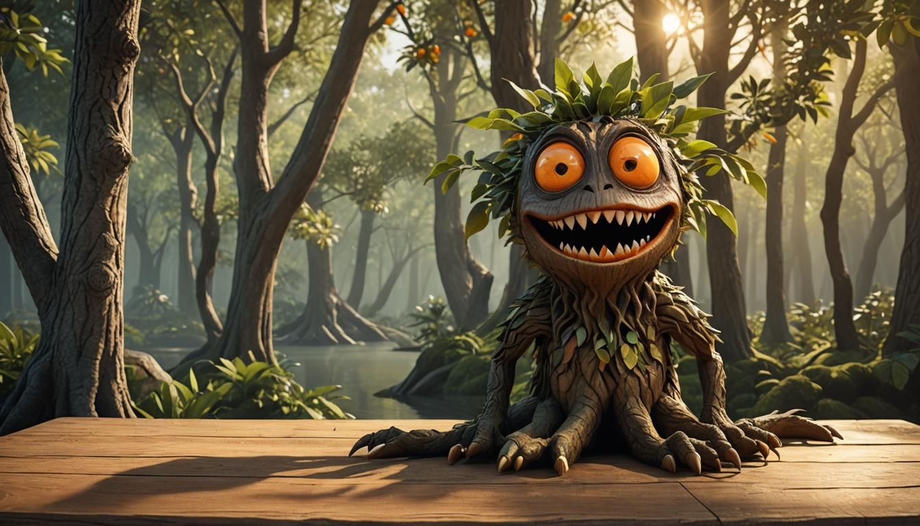 Hyperrealistic 3D Orange Tree Monster in Forest