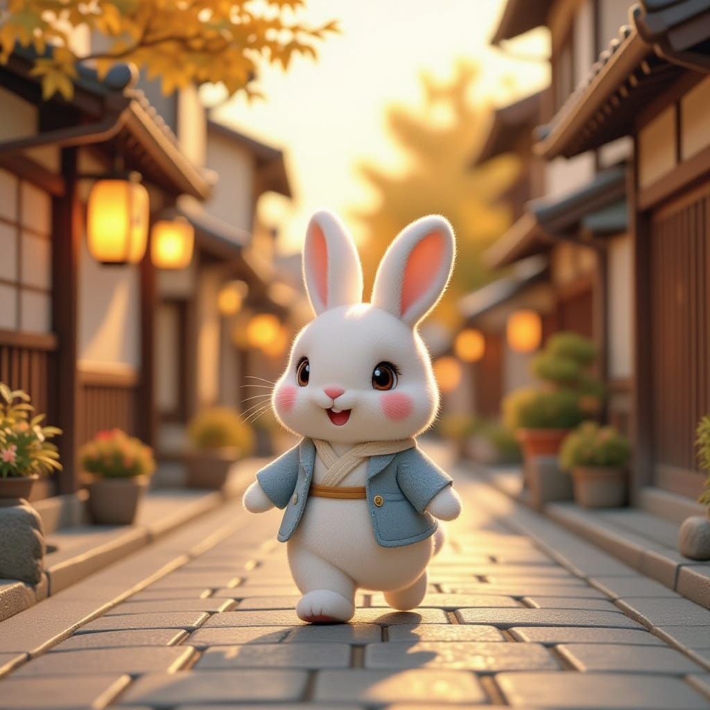 Blue Miffy Rabbit in Golden Hour Japanese Streets