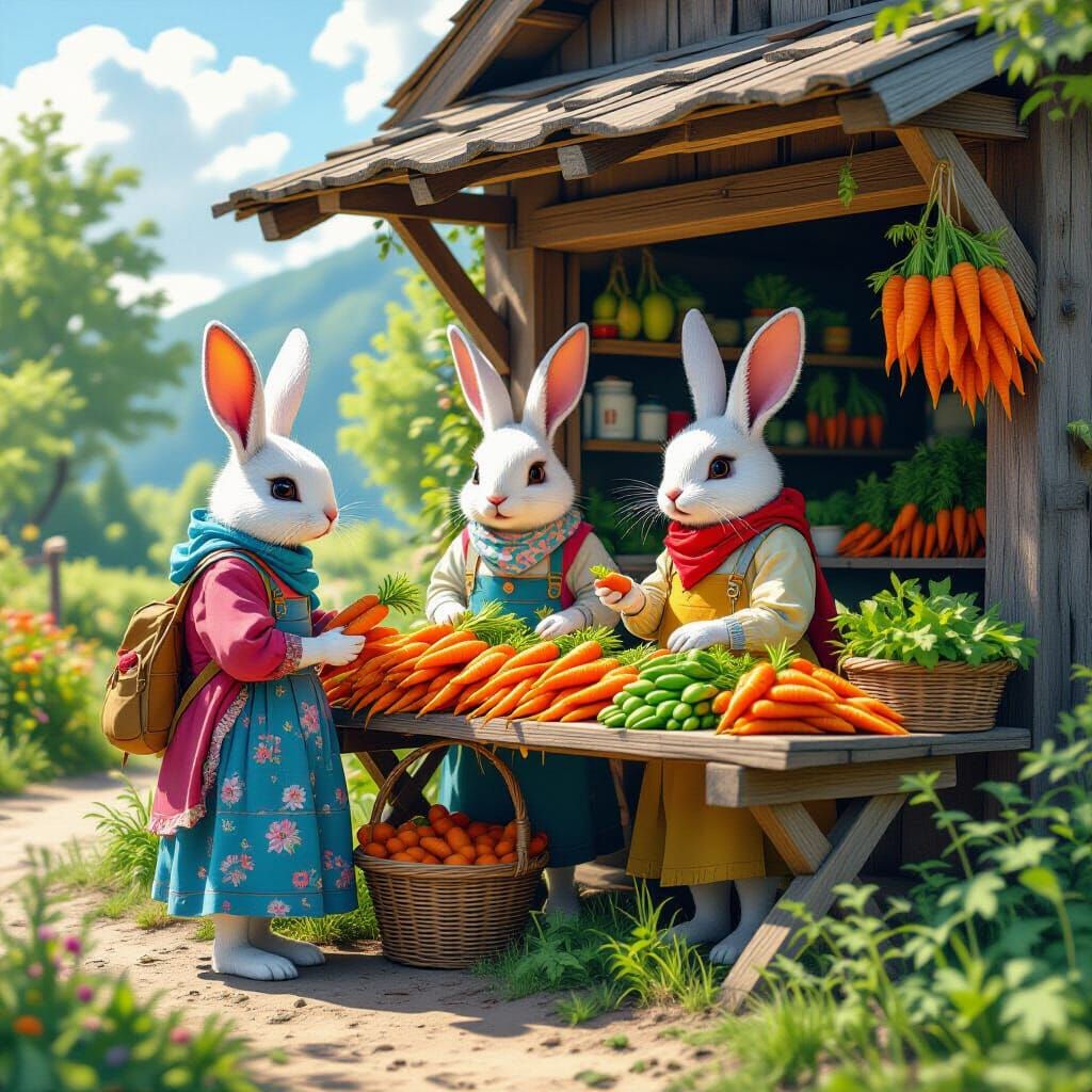 Humanoid Rabbits Sell Vegetables at Rustic Stand