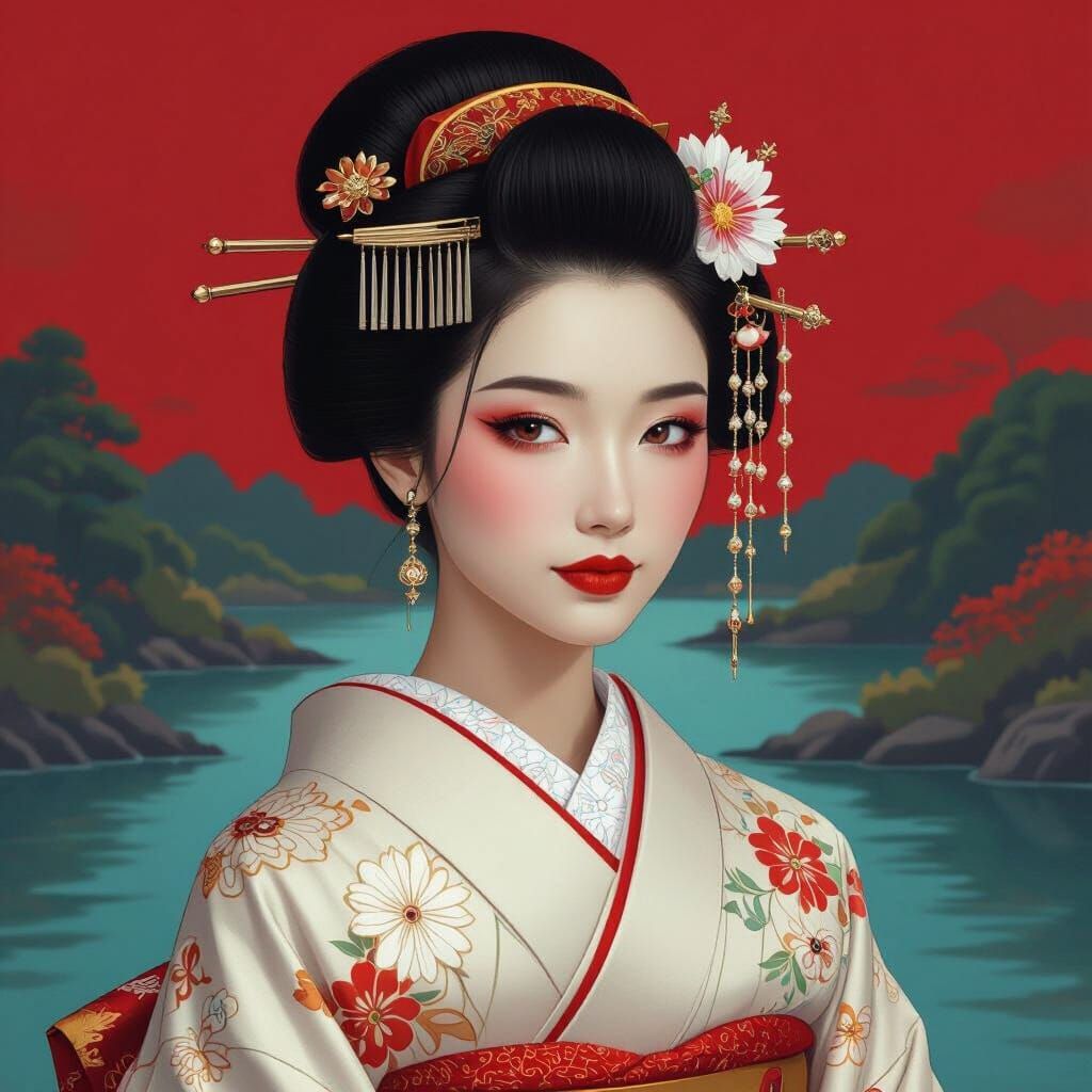 Elegant African-Japanese Woman in Kimono by River