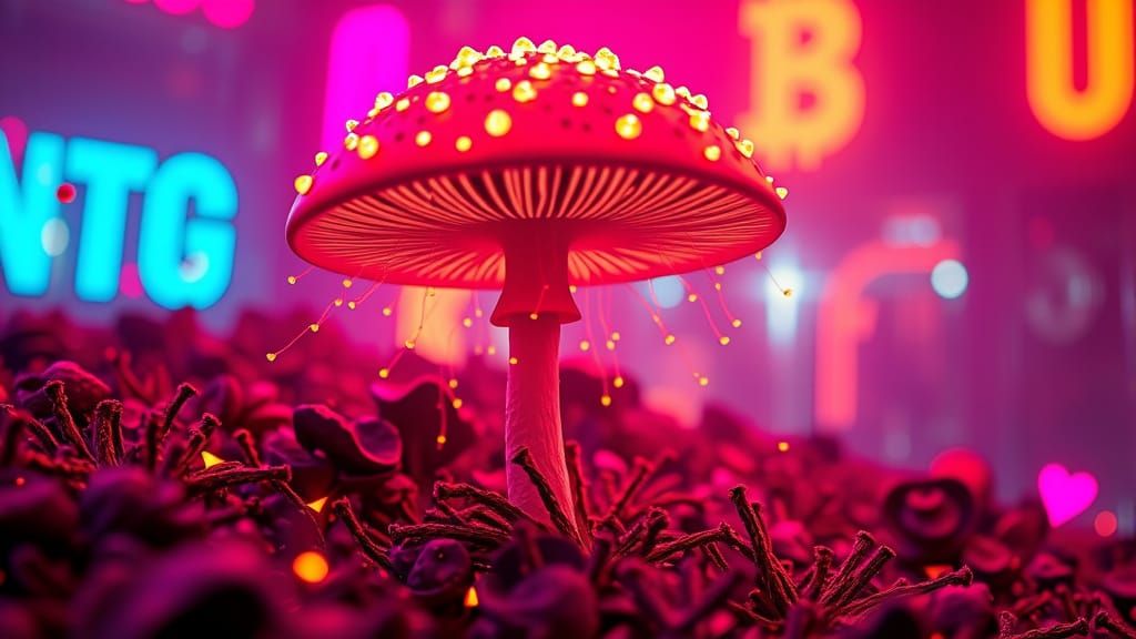 Vibrant Cyberpunk Dreamscapes with Flying Bitcoin Mushrooms