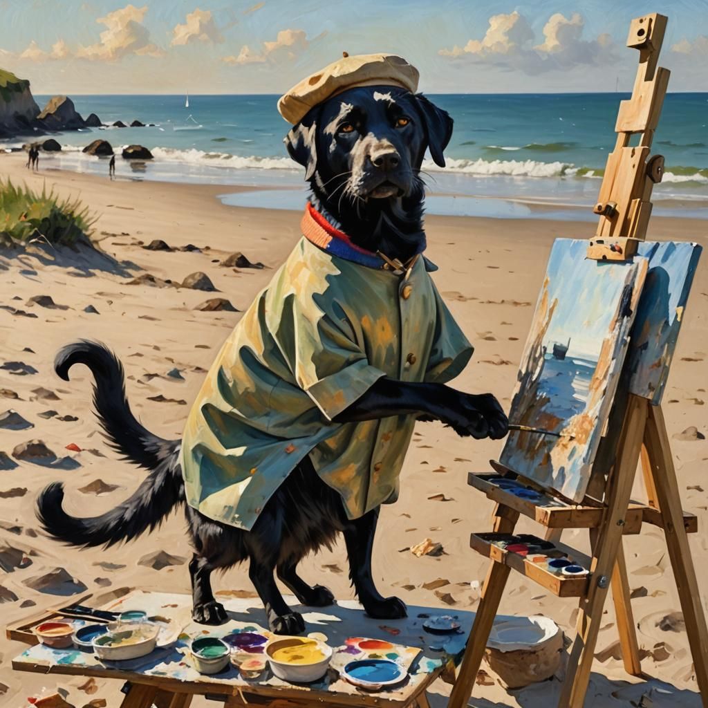 Cat Painting Labrador on Beach in Impressionist Style