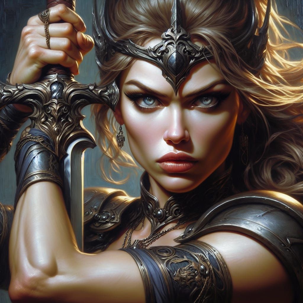 (barbarian queen, fantasy art, Frank Frazetta, Boris Vallejo, Julie Bell, masterpiece, perfect hands, perfect pose, perf...