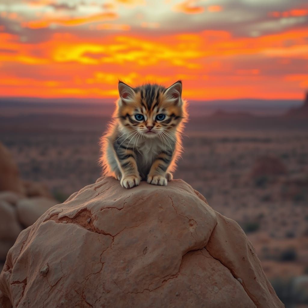 Whimsical Desert Kitten in Sunset Splendor
