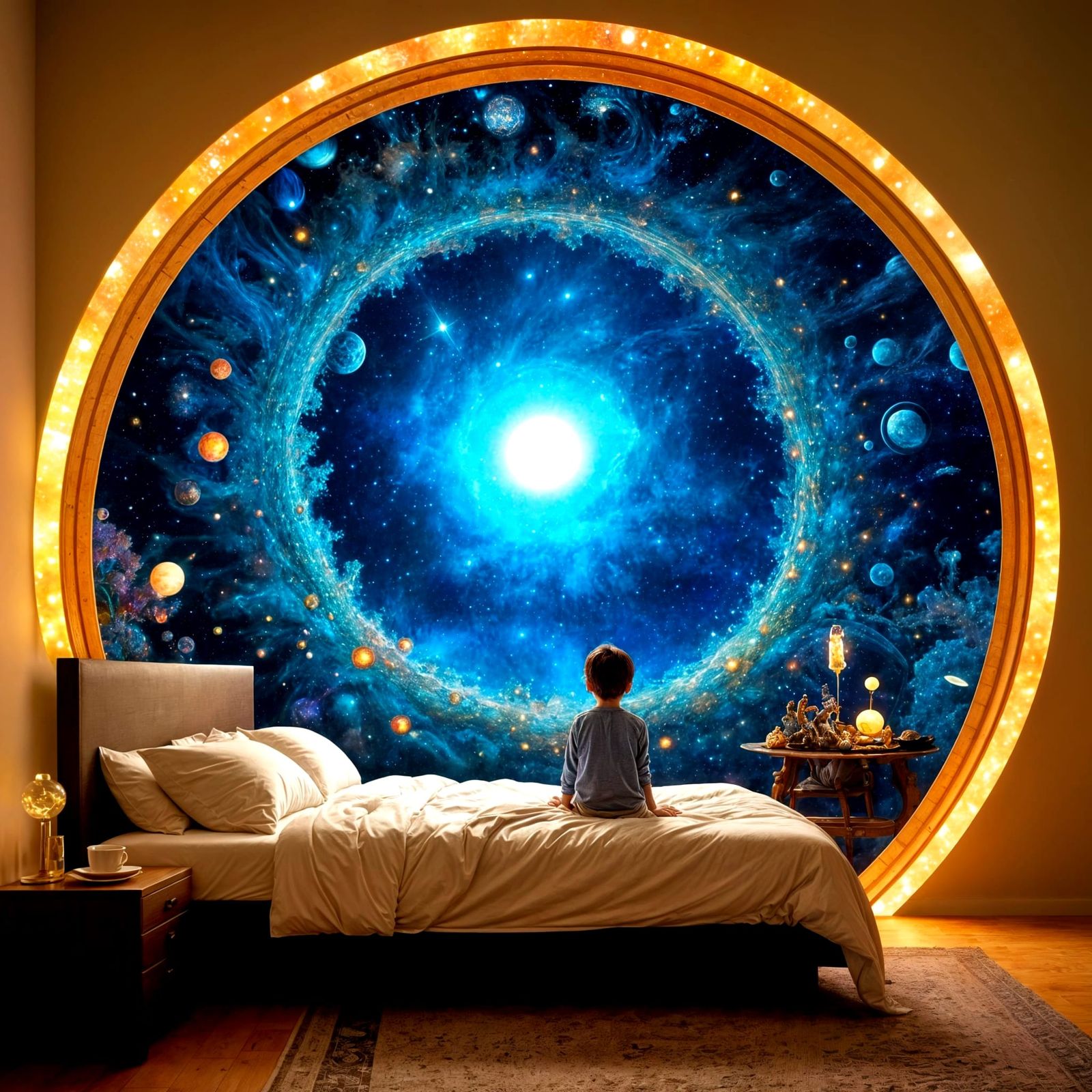 Child Gazes at Cosmic Galaxy Portal Illustration