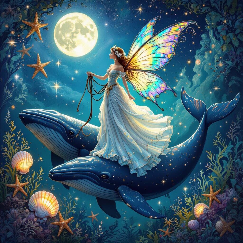 Sea Fairy Riding Whales Under Starlit Sky
