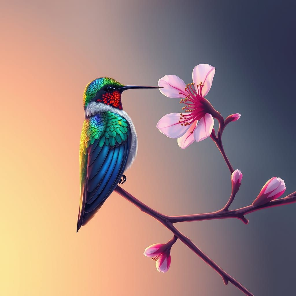 Iridescent Hummingbird Perched on Cherry Blossom