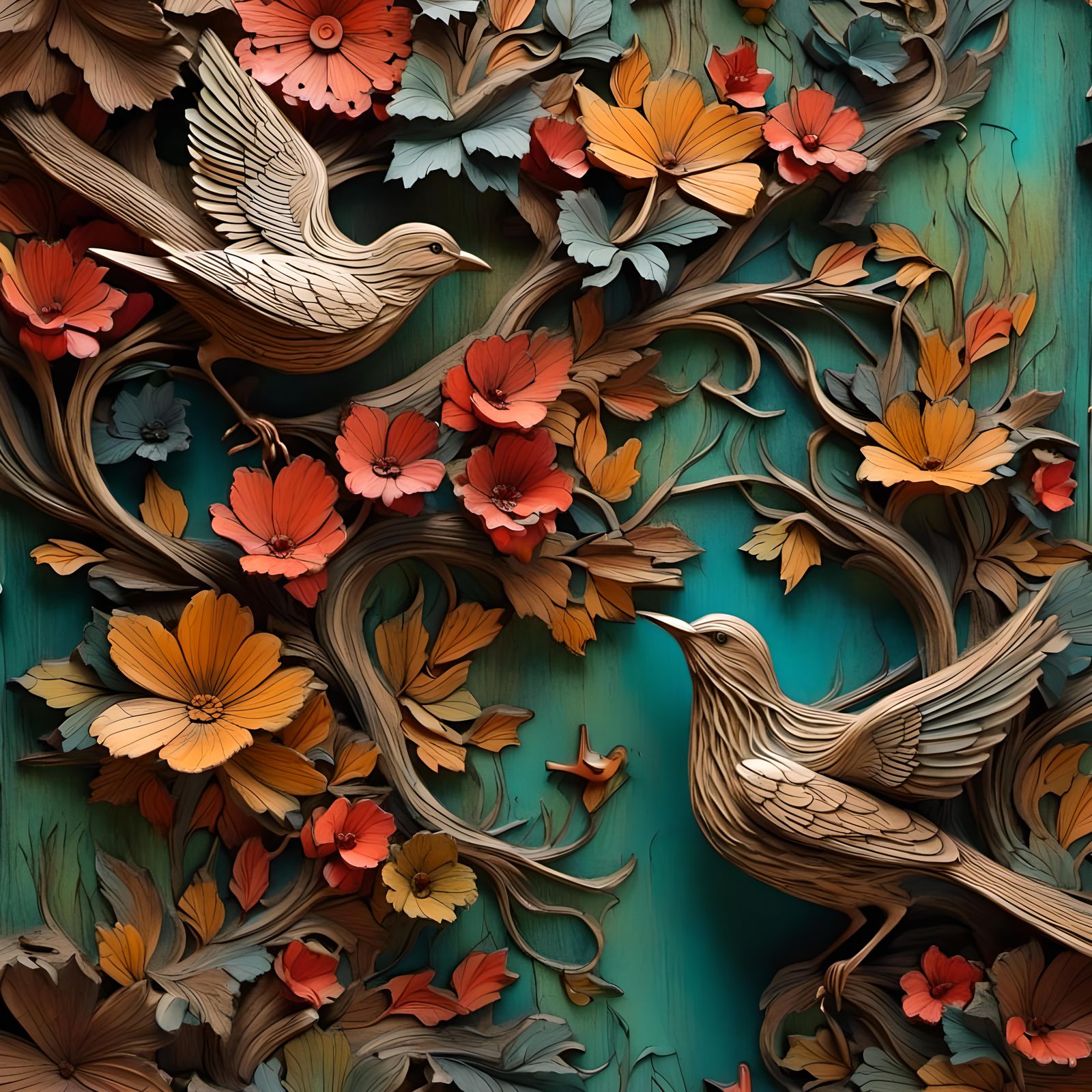 Exotic Carved Garden Wall Art in Relief