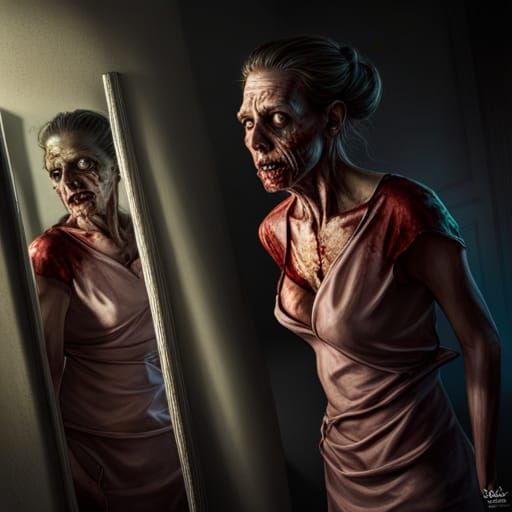 undead zombie looking in the mirror