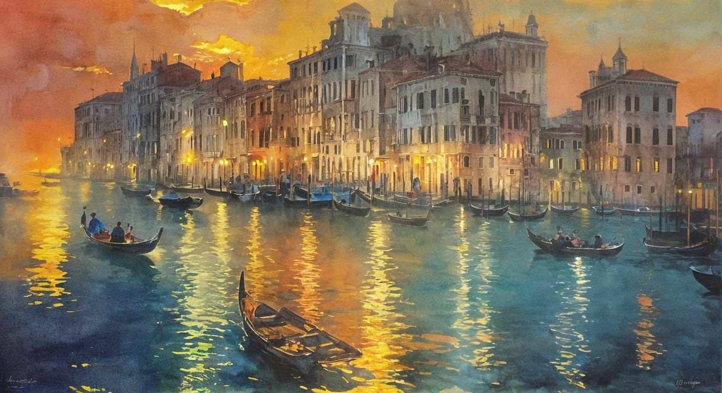 Vibrant Watercolor of Venice Bridge at Sunset