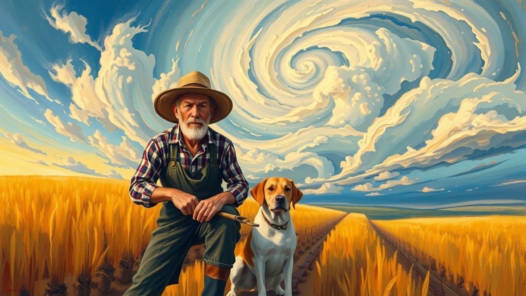 Impressionist Farmer Tending Field Under Swirling Sky