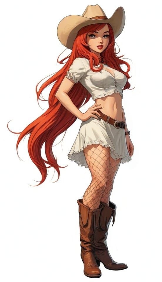 Adorable Cowgirl with Fishnet Hair in Comic Cover Style