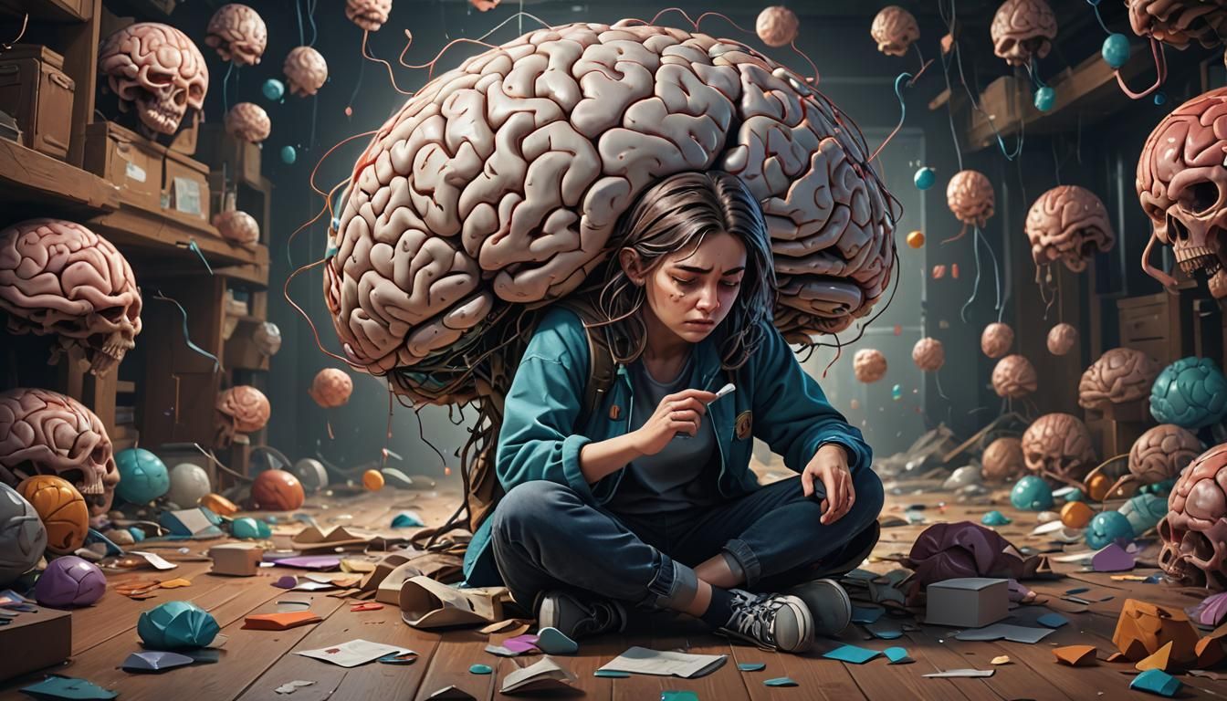 Brain Artwork: Woman Sneaking Up on Cartoon Brain