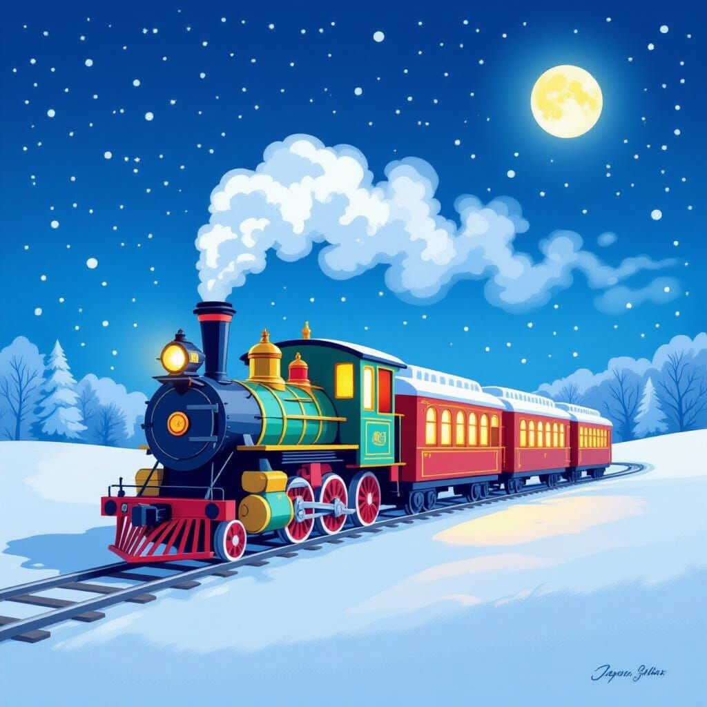 Whimsical Toy Train in Starry Winter Landscape