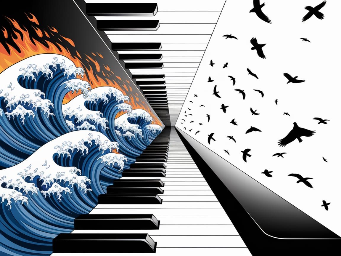 Surreal Piano Transforms into Waves and Birds Amidst Fire an...