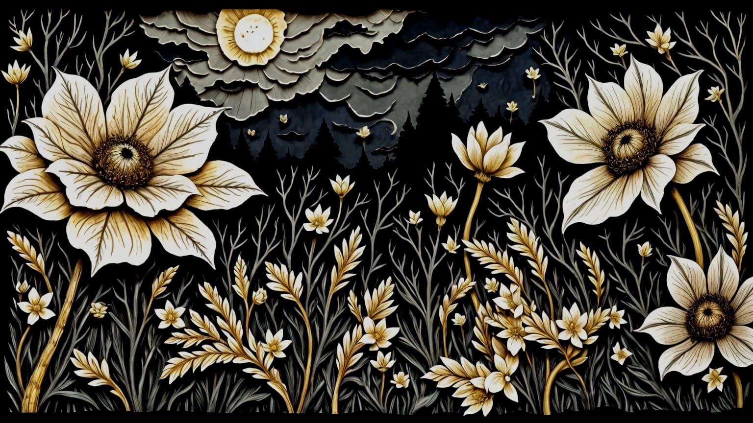 Eerie Goth Garden Illustration with Moody Flowers