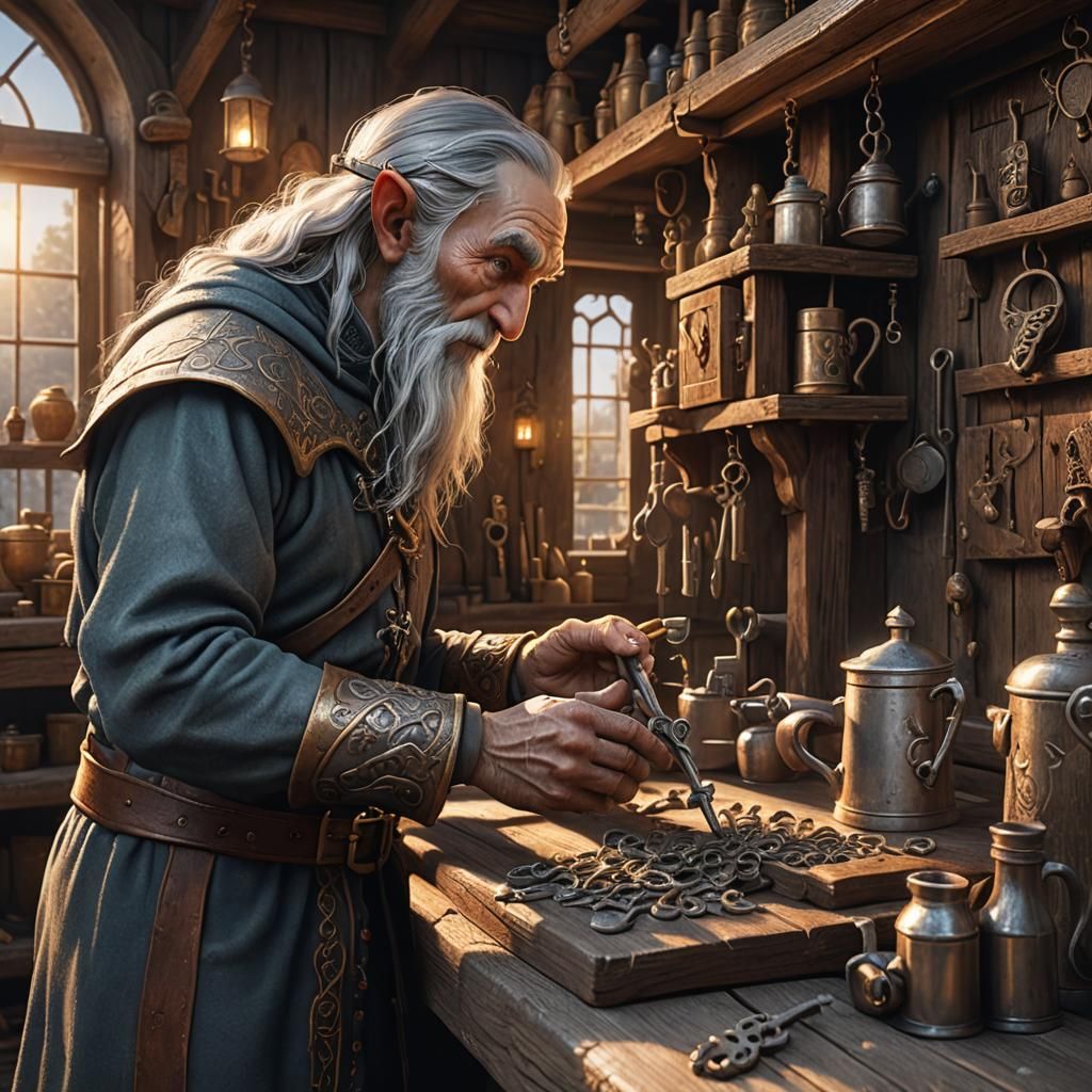 Elf Key Master Crafts Silver Key at Sunset