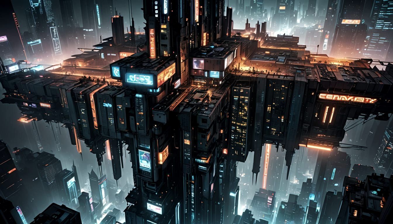 Dystopian Cybercity: Geometric Charcoal Drawing