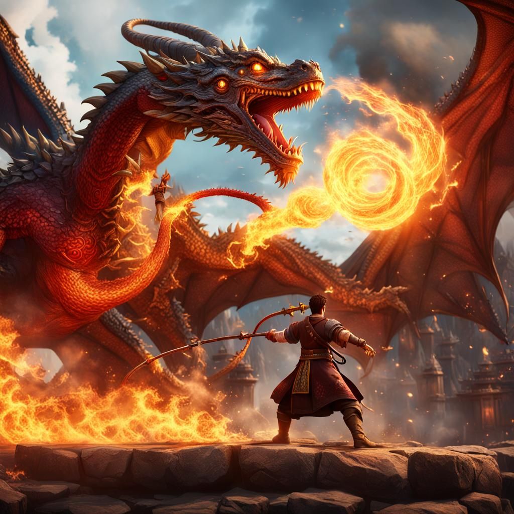 Fire Bender Battles Dragon in Fantasy Concept Art