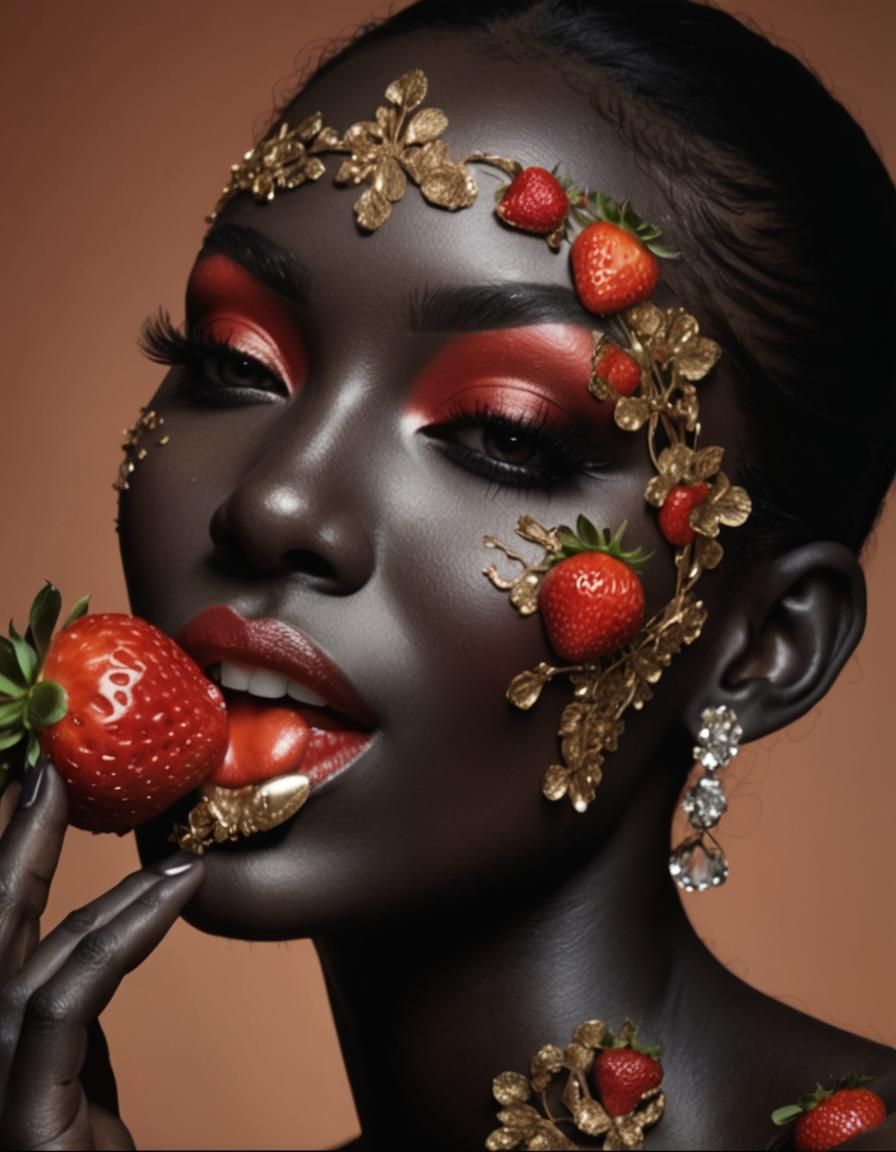 Beautiful Black Woman with Strawberry, Red Lips