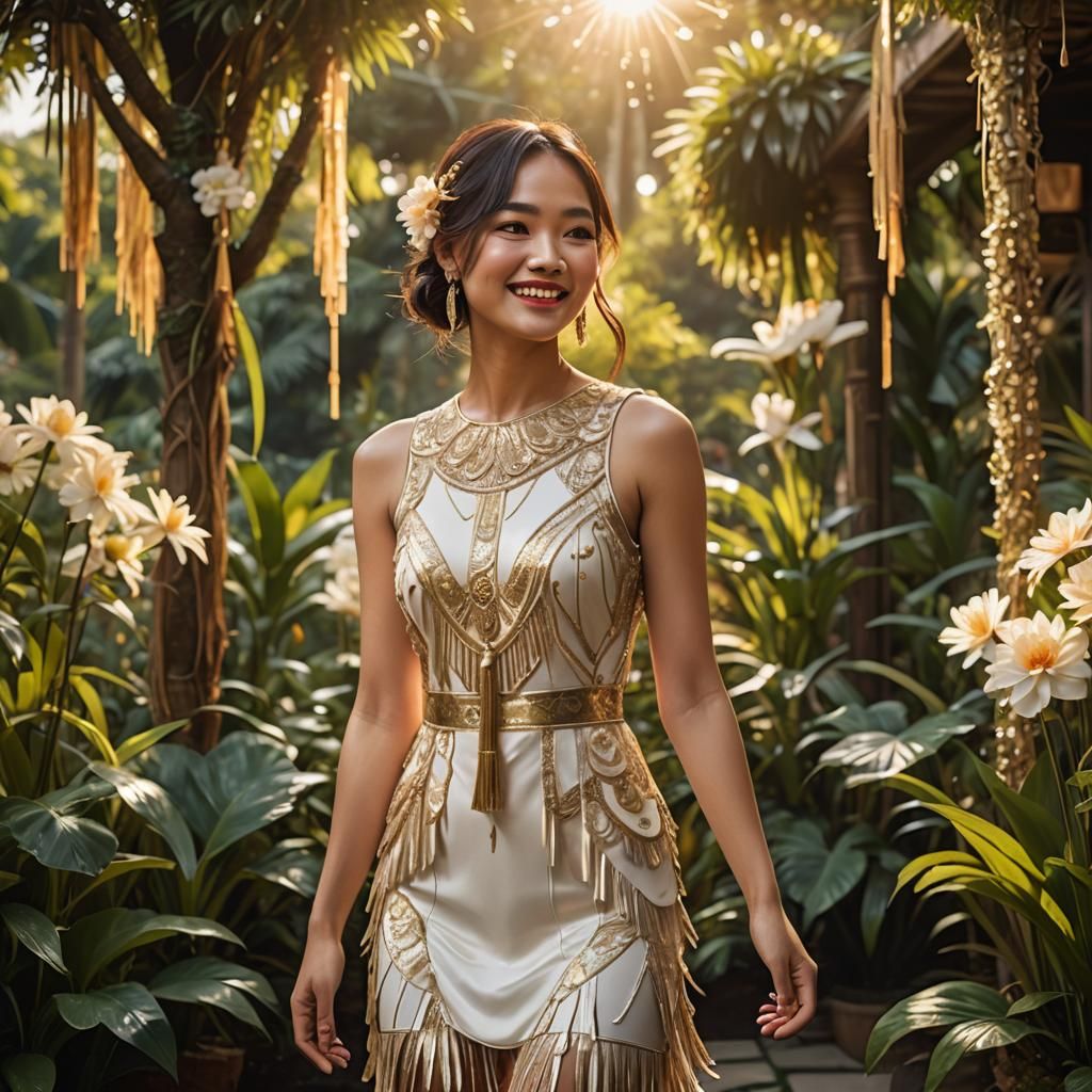 Gatsby-Inspired Thai Woman in Garden, Digital Art