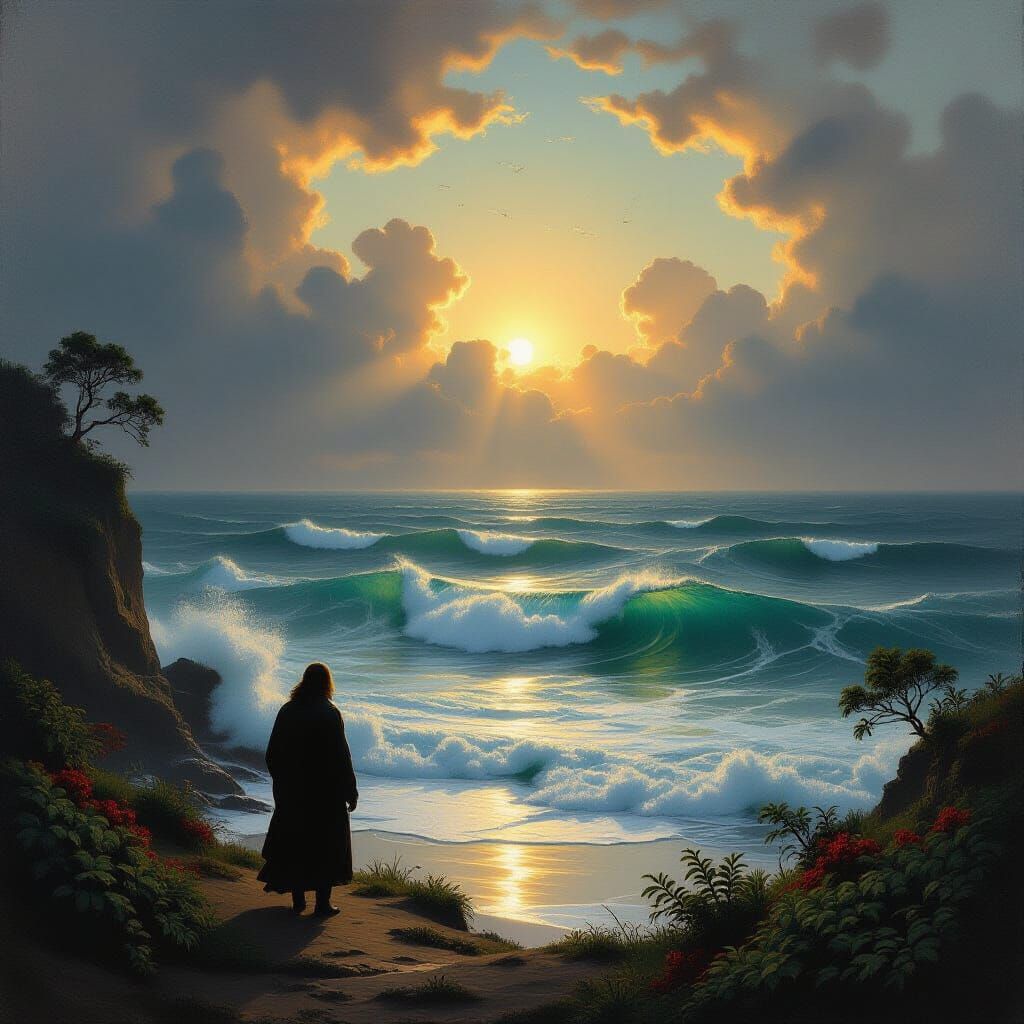 Solitary Wanderer Views Atmospheric Ocean in Oil Painting St...