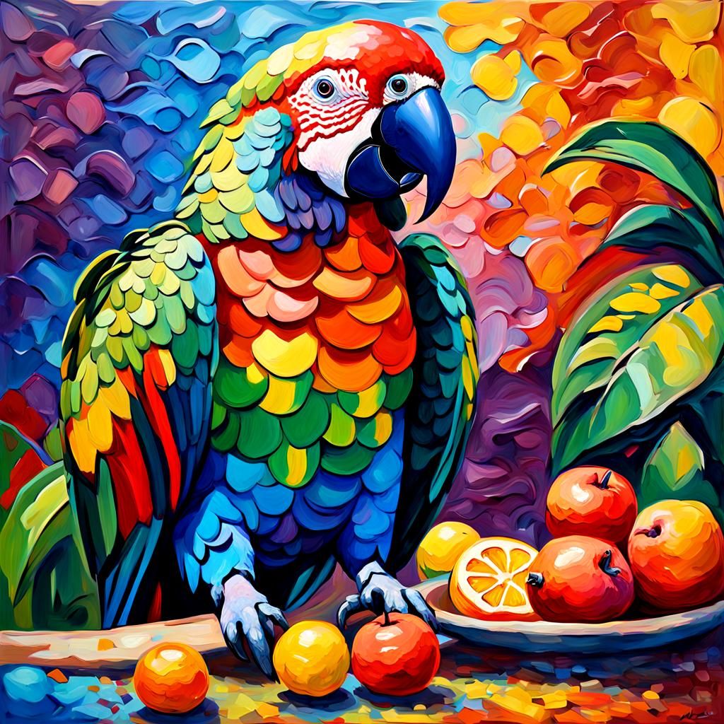 Rainbow Parrot Eating Fruit in Neo-Impressionist Style