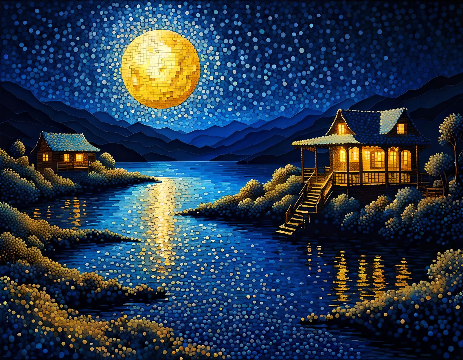 Blue swamp by moonlight - pointillism style