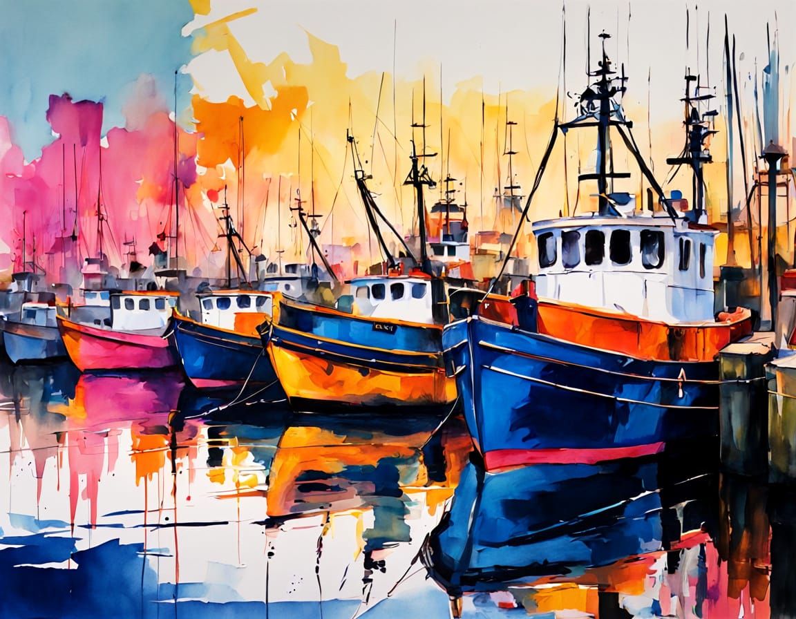 Fishing Boats at Sunrise in Watercolor Impasto Style