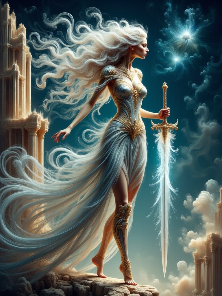 Elven Warrior on Ancient Ruins Under Nebula Sky