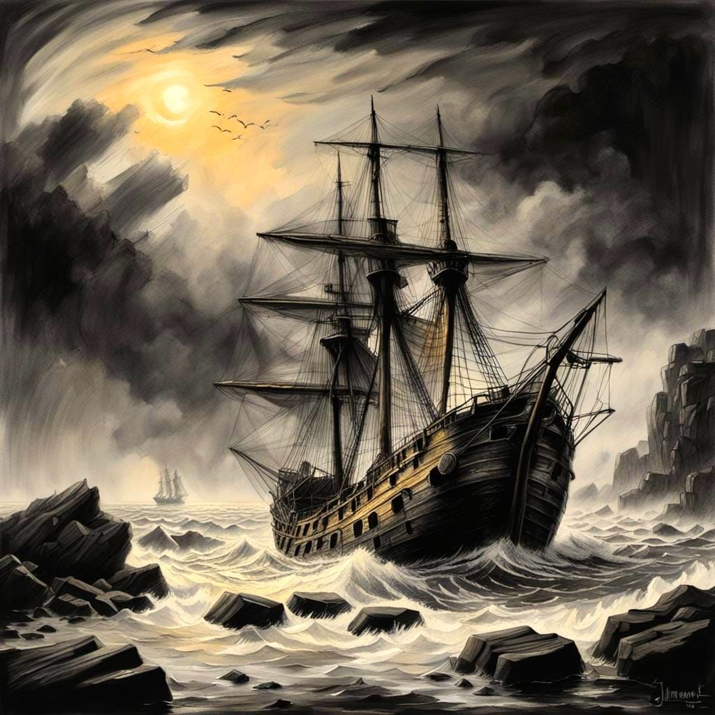 Charcoal Drawing of Windblown Rocks and Old Ship