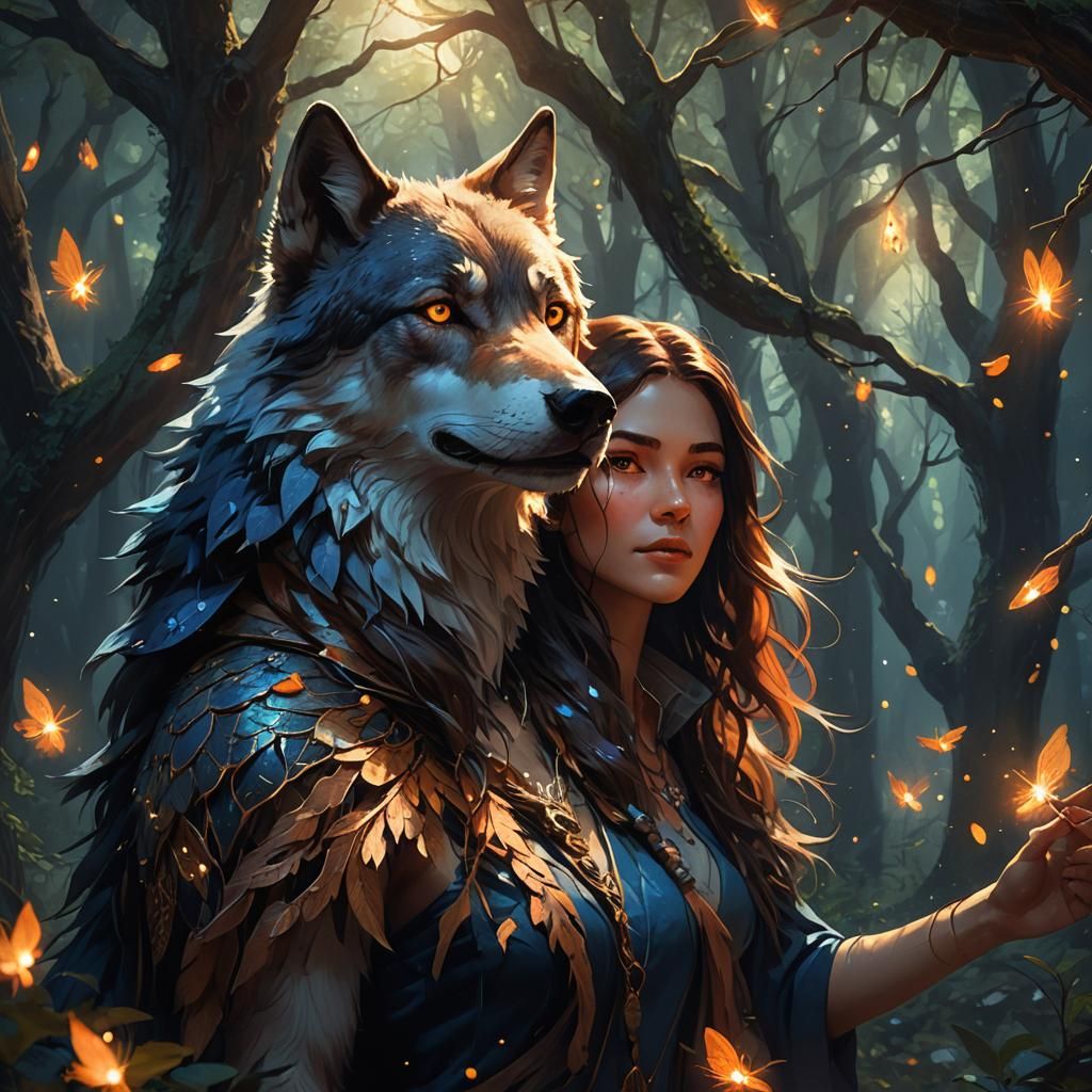 Mystical Wolf Girl in Fantasy Forest Concept Art