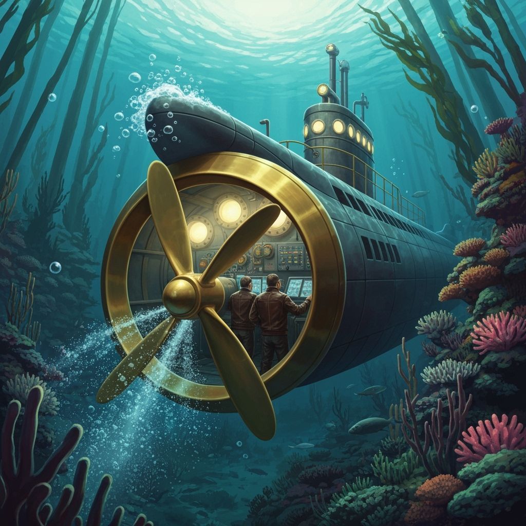 Steampunk Submarine Navigates Vibrant Coral Reef