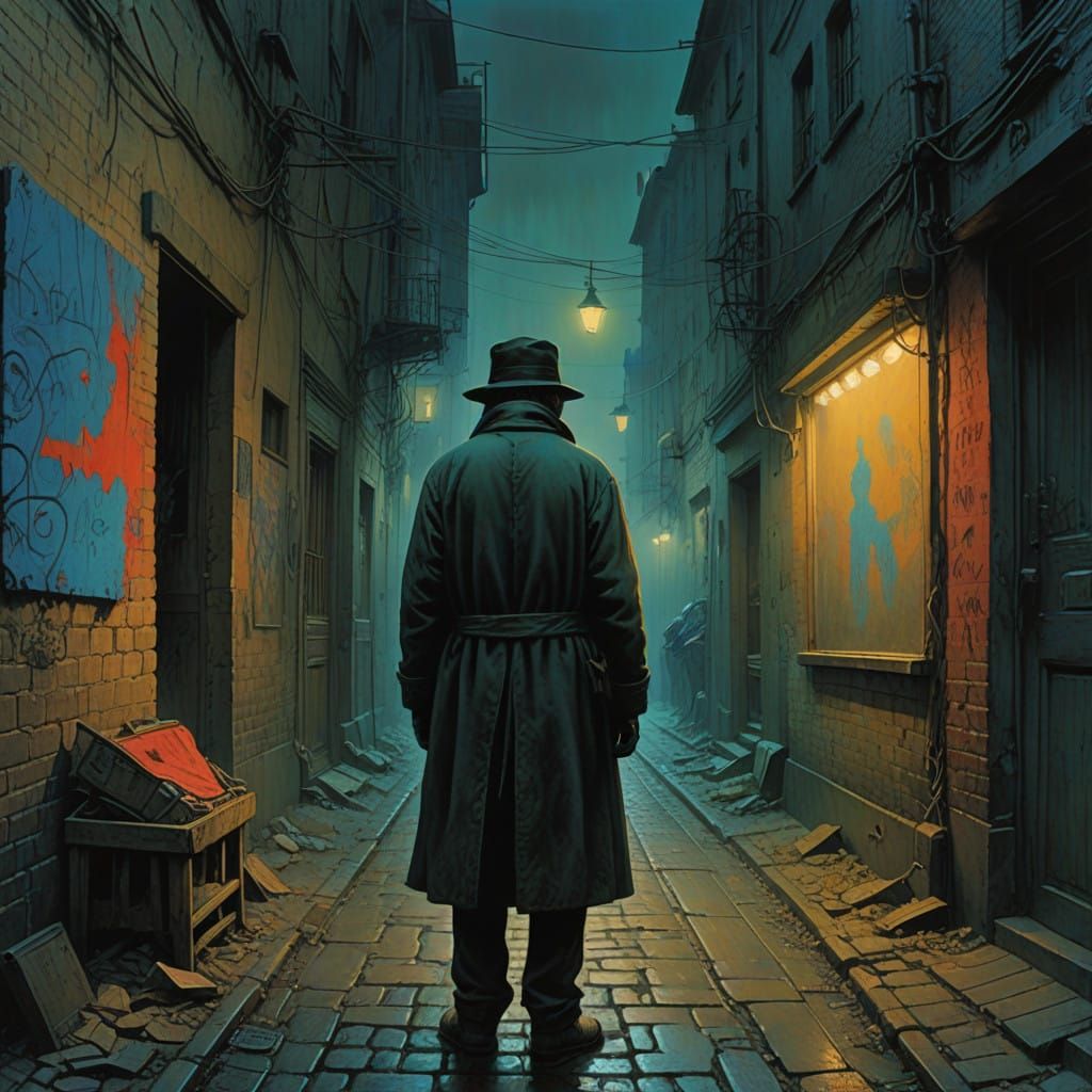 Mysterious Figure Exudes Deception in a Dark, Smoky Alleyway