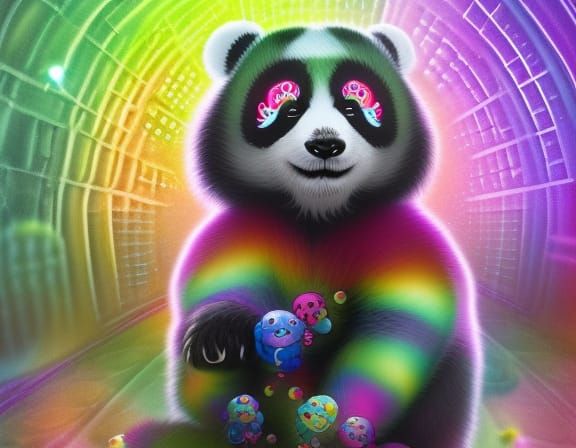 Rainbow Panda in Enchanted Forest, Detailed Digital Art