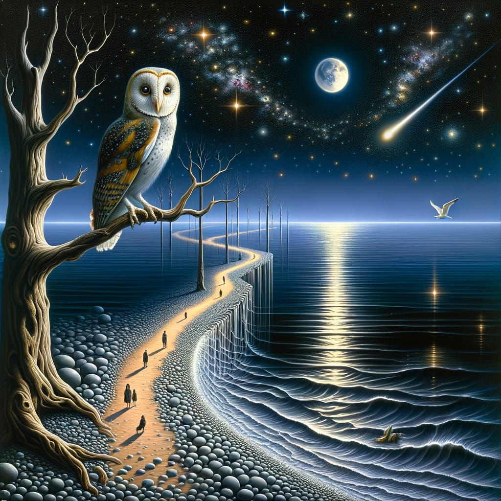 Surrealistic Owl in a Dreamlike Nighttime Scene