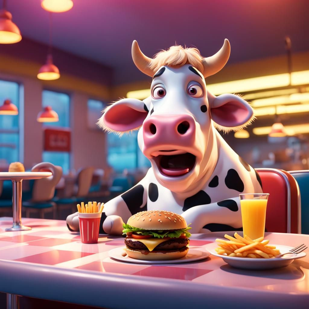 Cow Eats Hamburger at Diner: Pixar Style