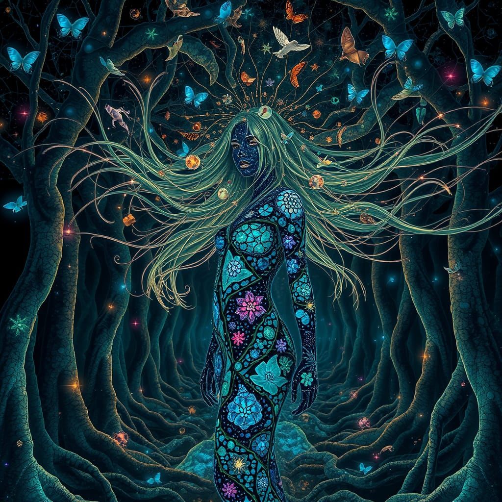 Bioluminescent Forest with Mirror Roots and Mythical Creatur...